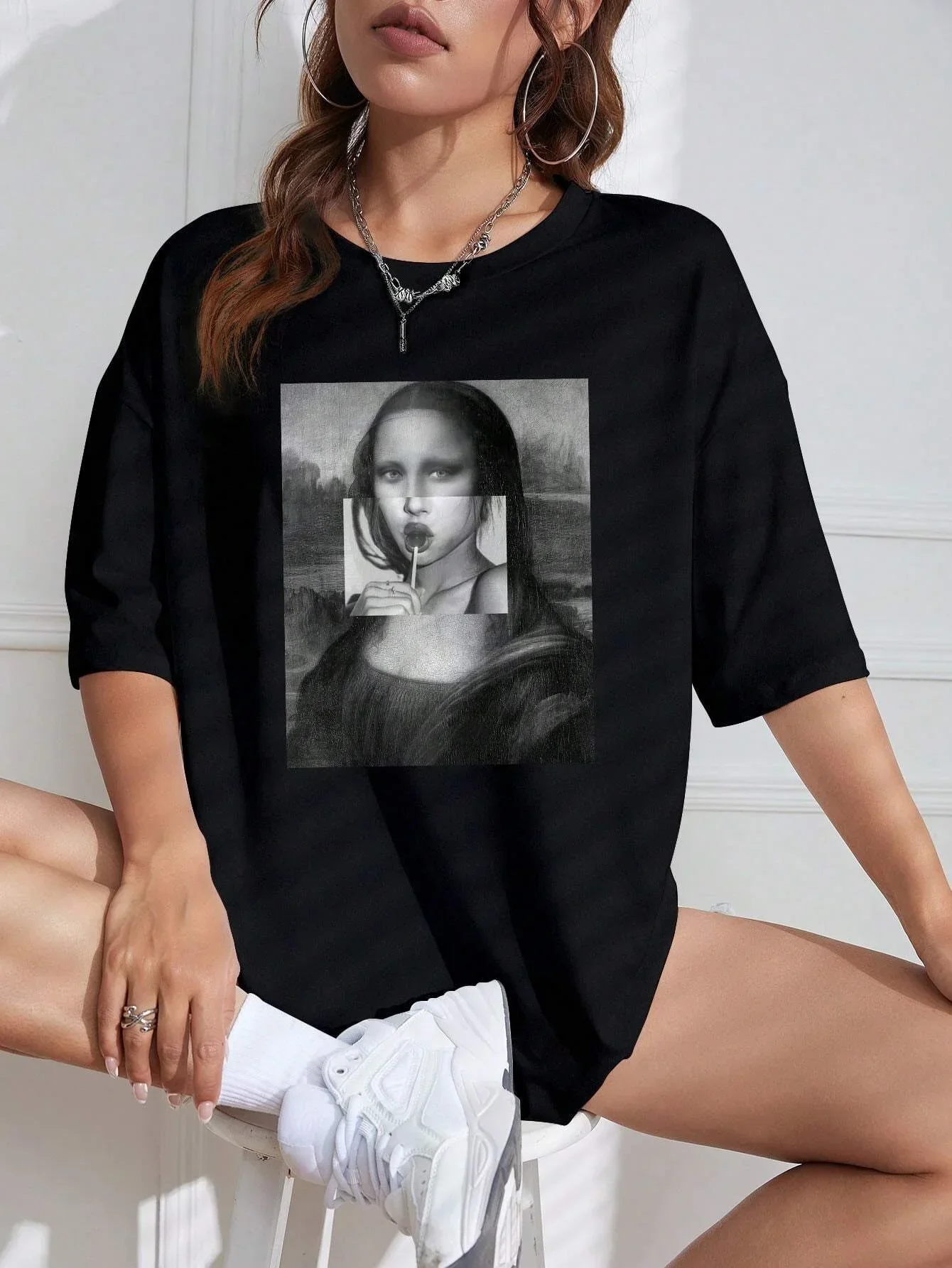 Mona Lisa drink breathable casual relaxed hip hop fashion comfortable men women universal short-sleeved round neck T-shirt