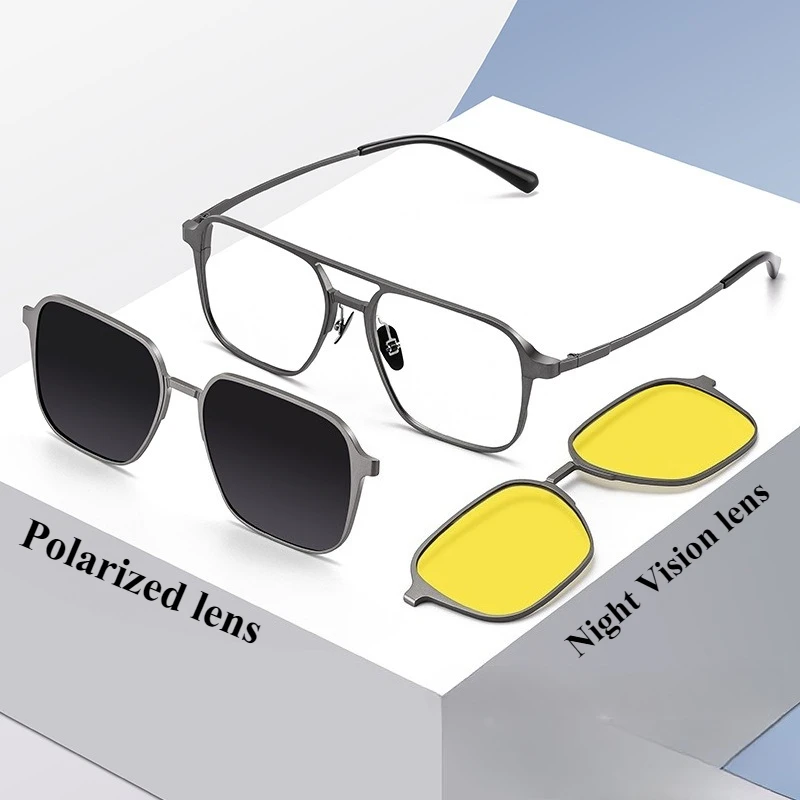 Magnetic Eyeglasses Frames Titanium Alloy Oversized Pilot Style (Polarized + Night Vision) Polarized Magnetic Sunglasses For Men