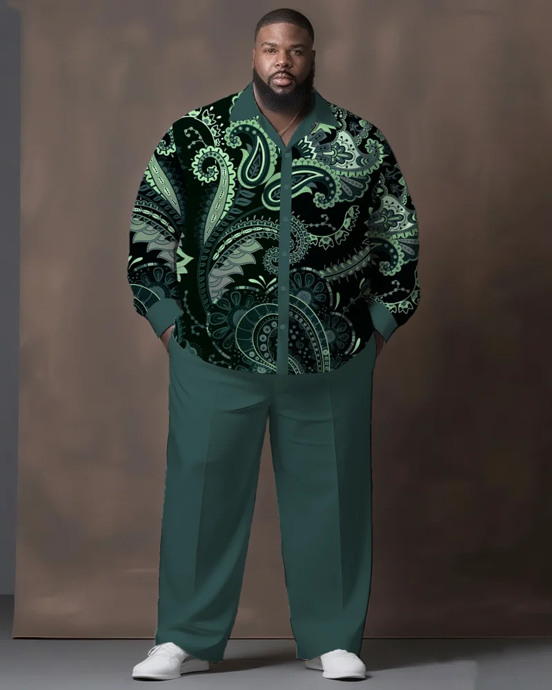 S-9XL Big & Tall Men's Vintage Print Shirt And Long Pants Loose Fit 2-Piece Set