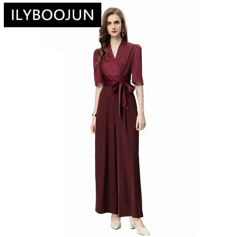 

ILYBOOJUN 2024 Summer High Quality Women Jumpsuits Polka Dot Print V-Neck Lace Up Tunics Solid Color Wide Leg Pants Jumpsuits