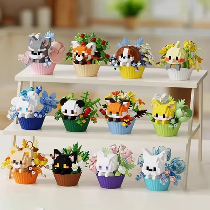 Cute dessert small animals potted bouquet cartoon doll panda puppy building block ornament children toys gift