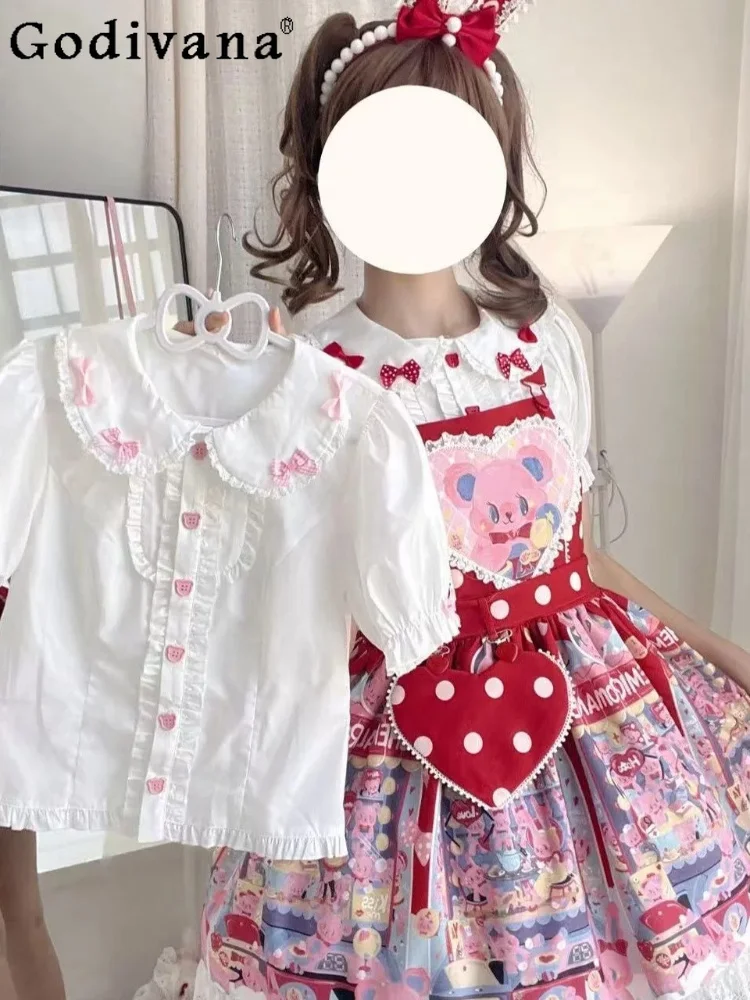 

Japanese Style Kawaii Lolita Rabbit Ear Bow Short Sleeve Shirt Summer New Girls Cute Bubble Sleeve Lolita Inner Shirt Top Women