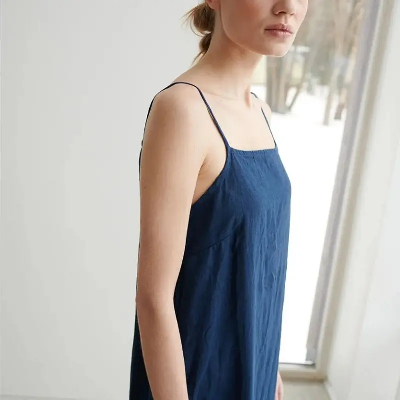 2023 Newly Casual Cotton Linen Elegant Dresses For Women Sexy Spaghetti Strap Back Open Side Long Midi Dress With Pockets