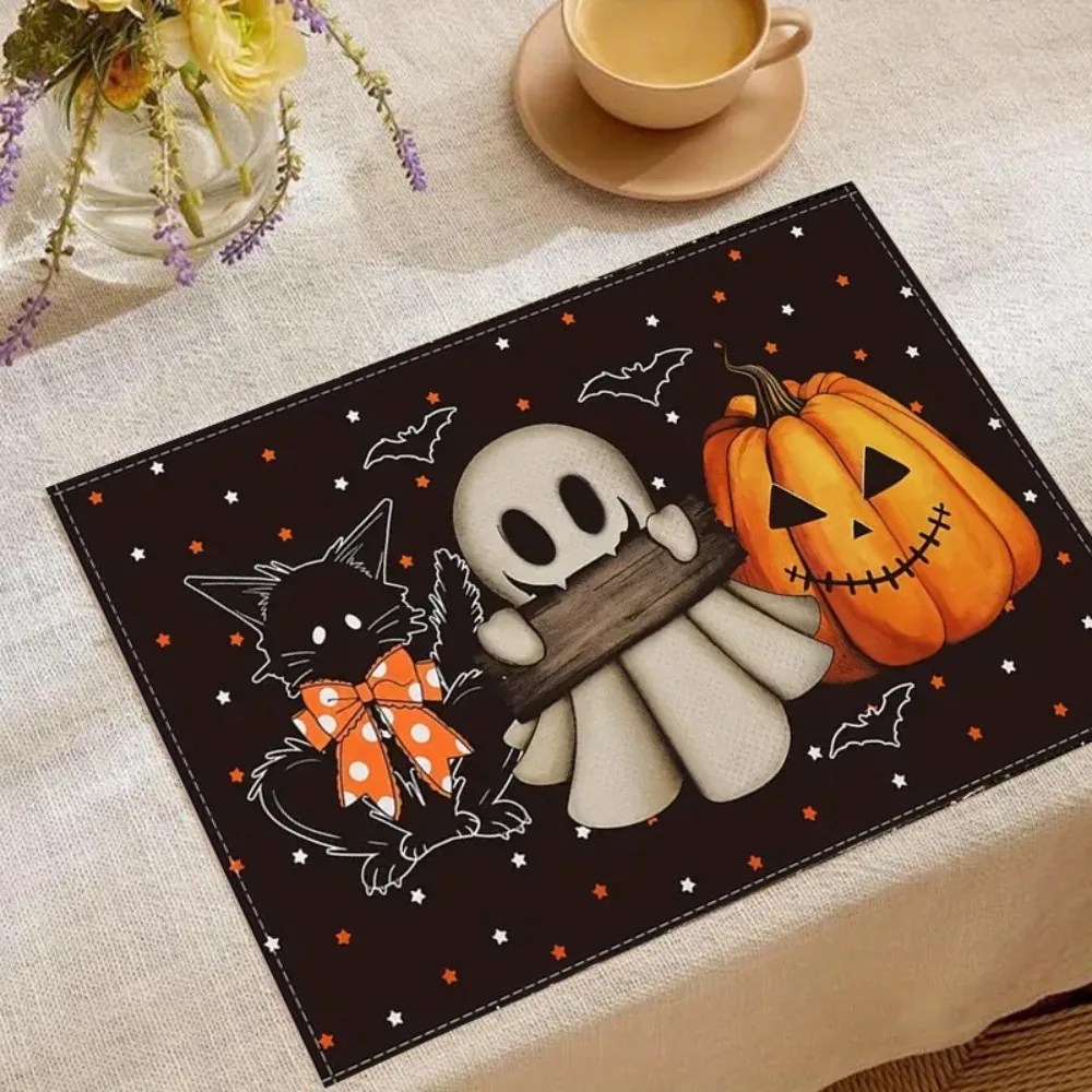 4PC Halloween Placemats Pumpkin Black Cat Bat Pattern Anti Dirty Kitchen Dining Table Cloth Table Decoration Accessories