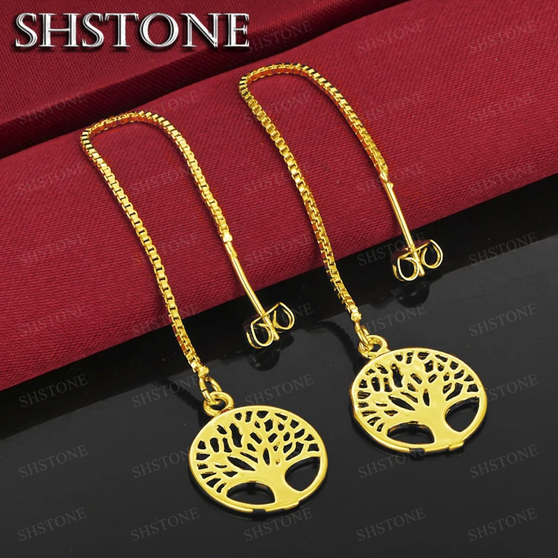 Pretty 18K Gold Exquisite Round Tree Long Drop Earrings For Women Fashion Party Wedding Jewelry Gifts Accessories