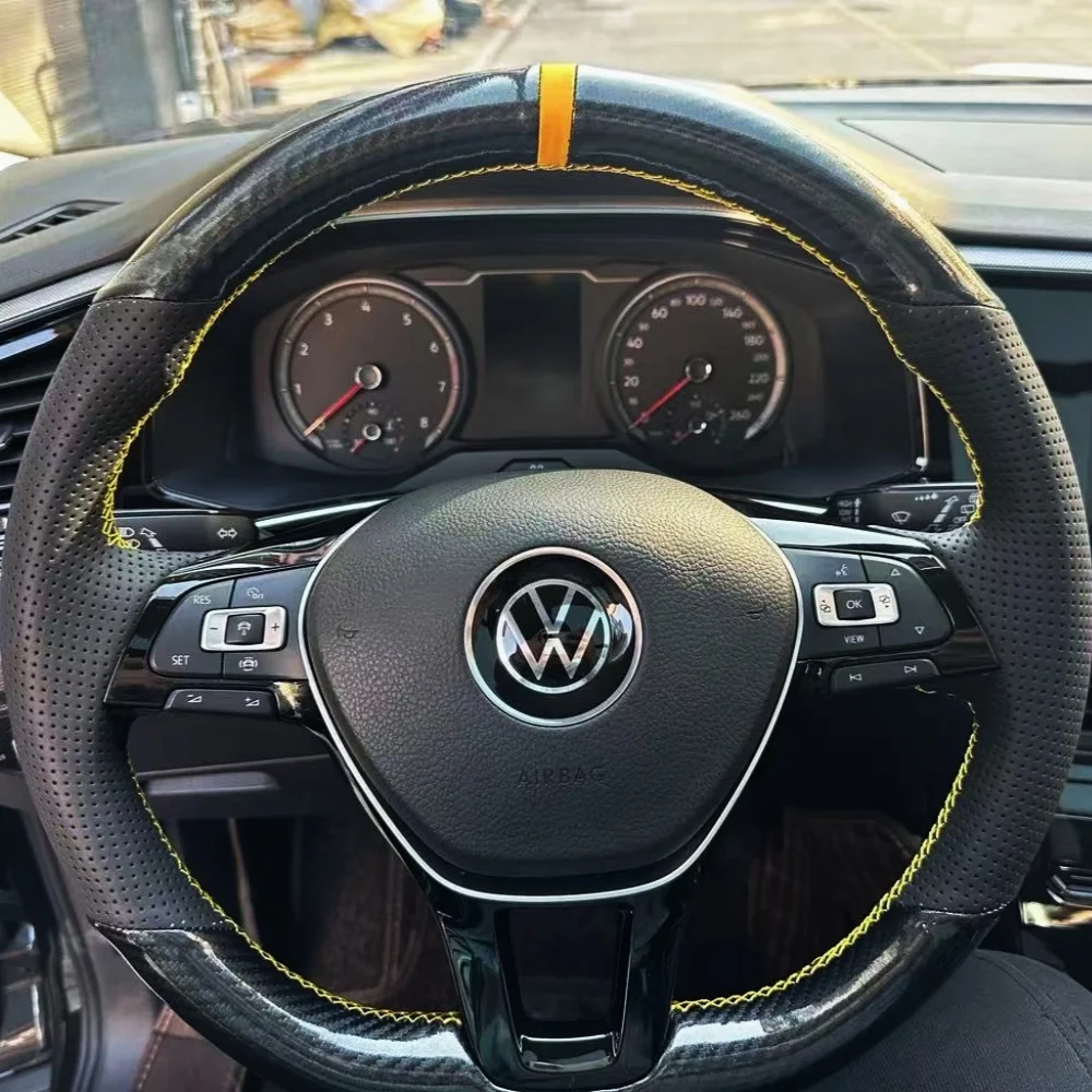 

Customization Car Steering Wheel Cover Hand Sewing Genuine Carbon Fiber Leather For Volkswagen VW Touran Up New Passat B8 Tiguan