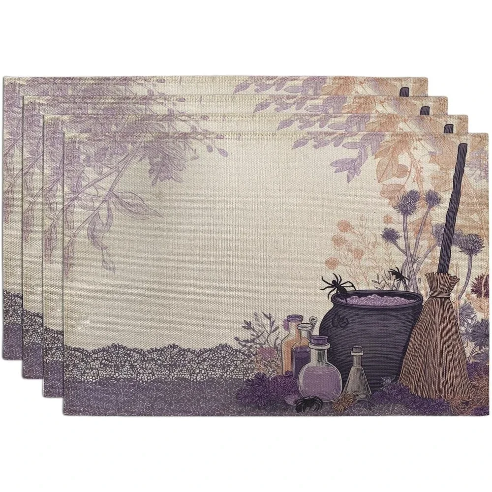 Autumn Witchcraft Elements Placemats, Violet Rustic Table Decor for Halloween, Non-Slip Washable Indoor Outdoor Dining Set of 4