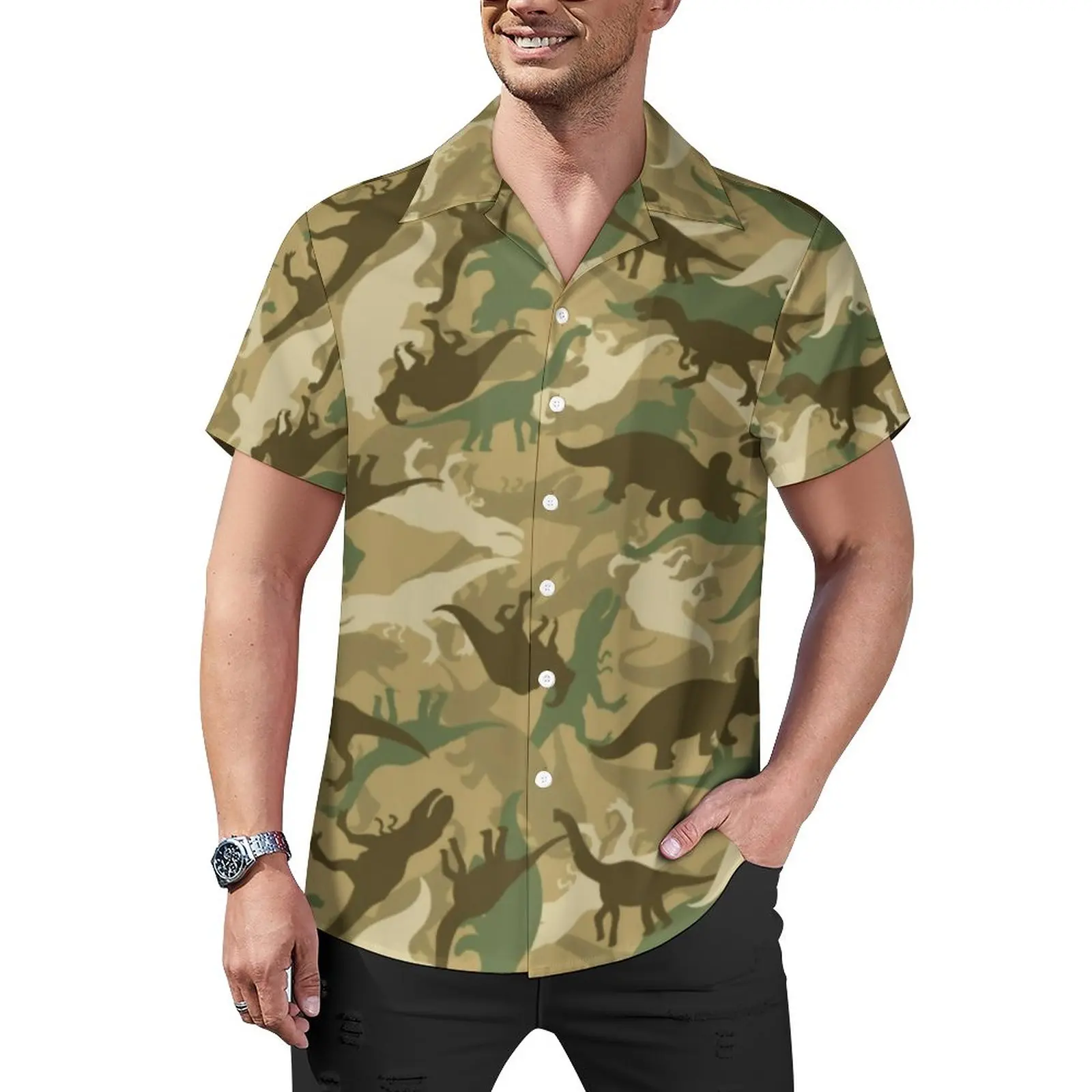 

Camouflage Dinosaurs Print Loose Shirt Man Beach Abstract Animal Casual Shirts Hawaiian Design Short-Sleeve Oversized Blouses