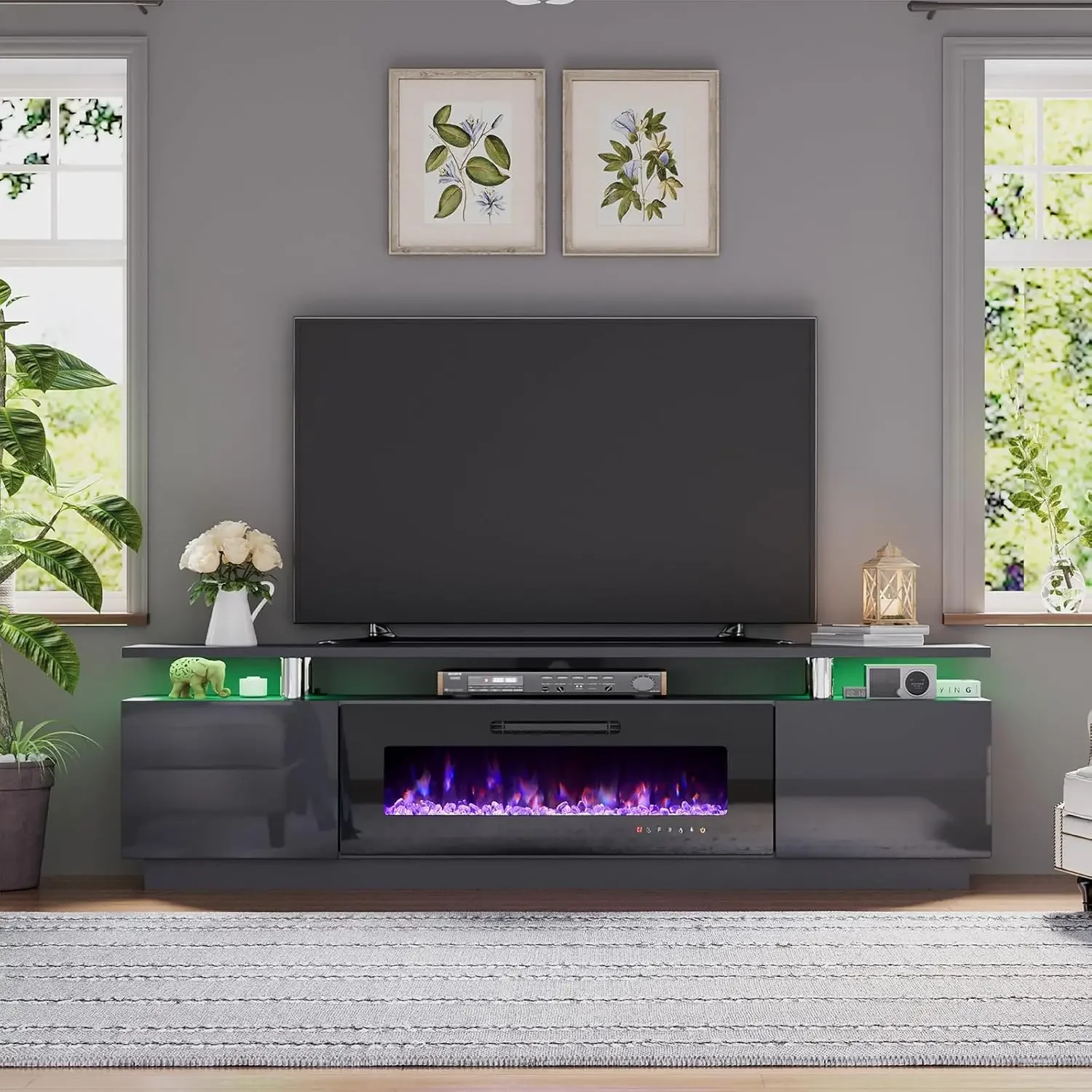 

Fireplace TV Stand with 40" Fireplace, 80" Modern High Gloss Fireplace Entertainment Center LED Lights