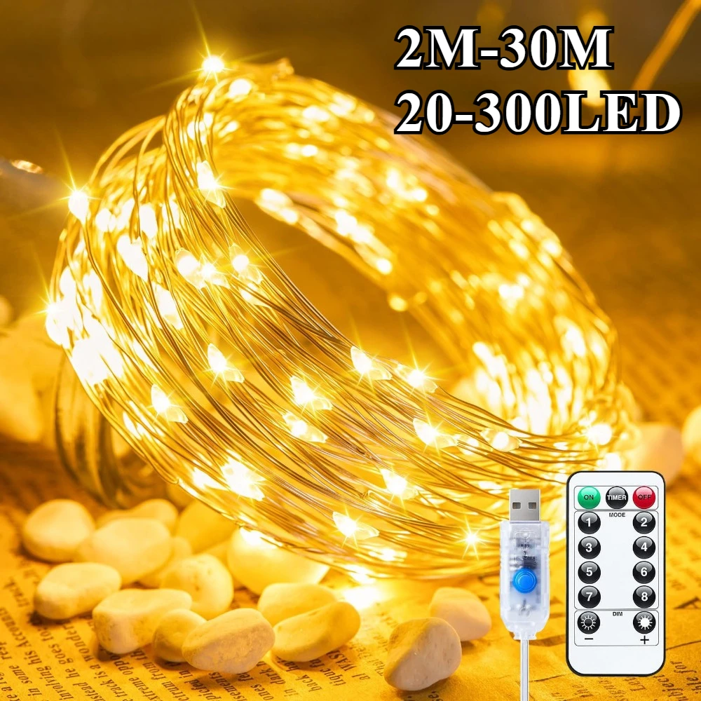 2M-30M LED String Lights USB Copper Silver Wire Garland Light Waterproof Fairy Lights for Christmas Wedding Party Decorative
