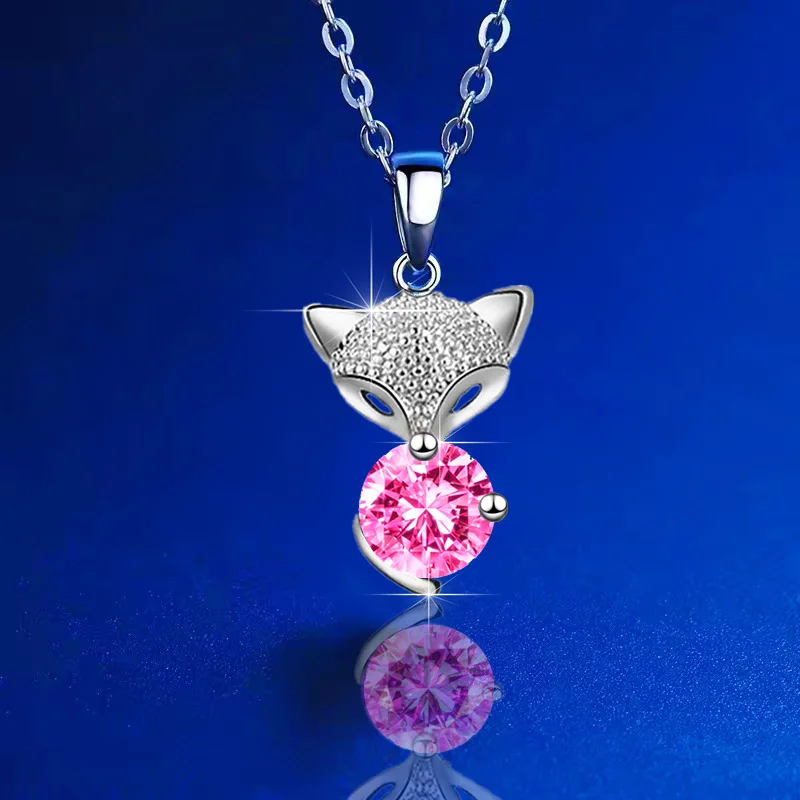 Aqua Blue Crystal Round Stone Necklace Cute Female Small Fox Pendant Necklaces For Women Charm Silver Color Chain Animal Jewelry