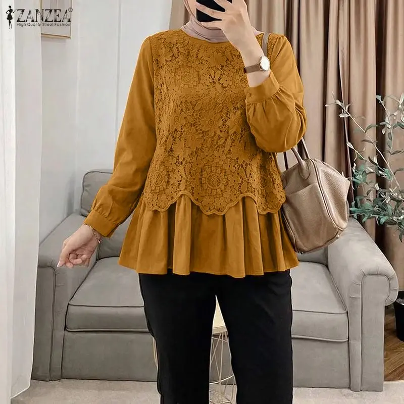 

2026 ZANZEA Мусульманская блузка: Стильный женский топ с кружевными вставками, весенняя рубашка с длинным рукавом для работы, повседневная свободная блуза с круглым вырезом для женщин