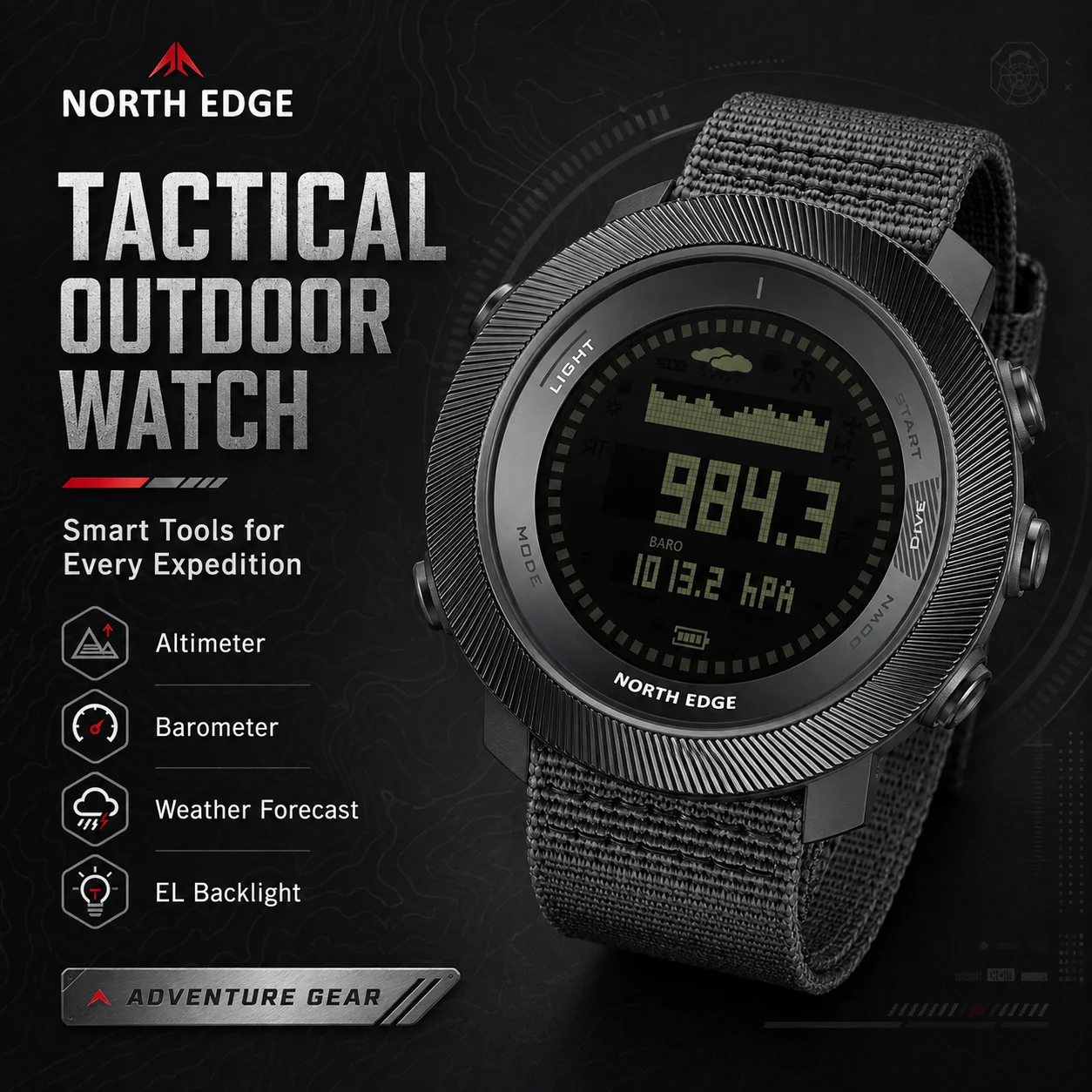 NORTH EDGE Outdoor Digital Watch for Men Altimeter Barometer Weather Forecast EL Backlight Tactical Sports Adventure Watch