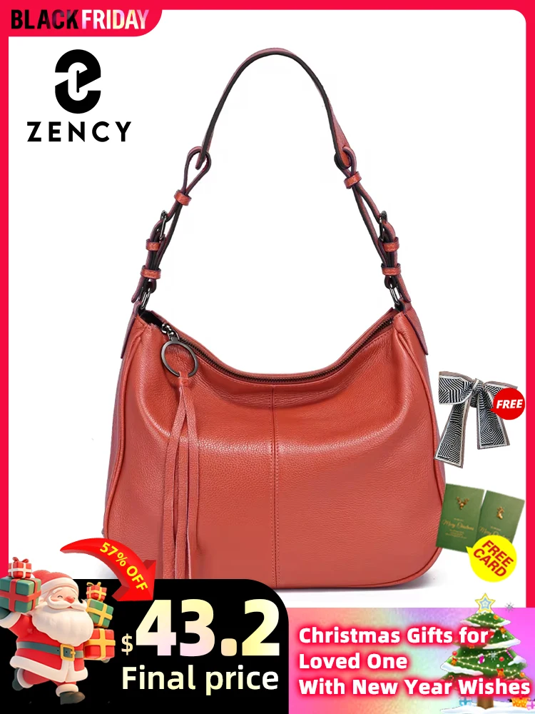 Zency 2024 New Black Beige Genuine Leather Hobo Bag Women Simple Classic Casual Handbag Shoulder Tote Soft Crossbody Big Pockets