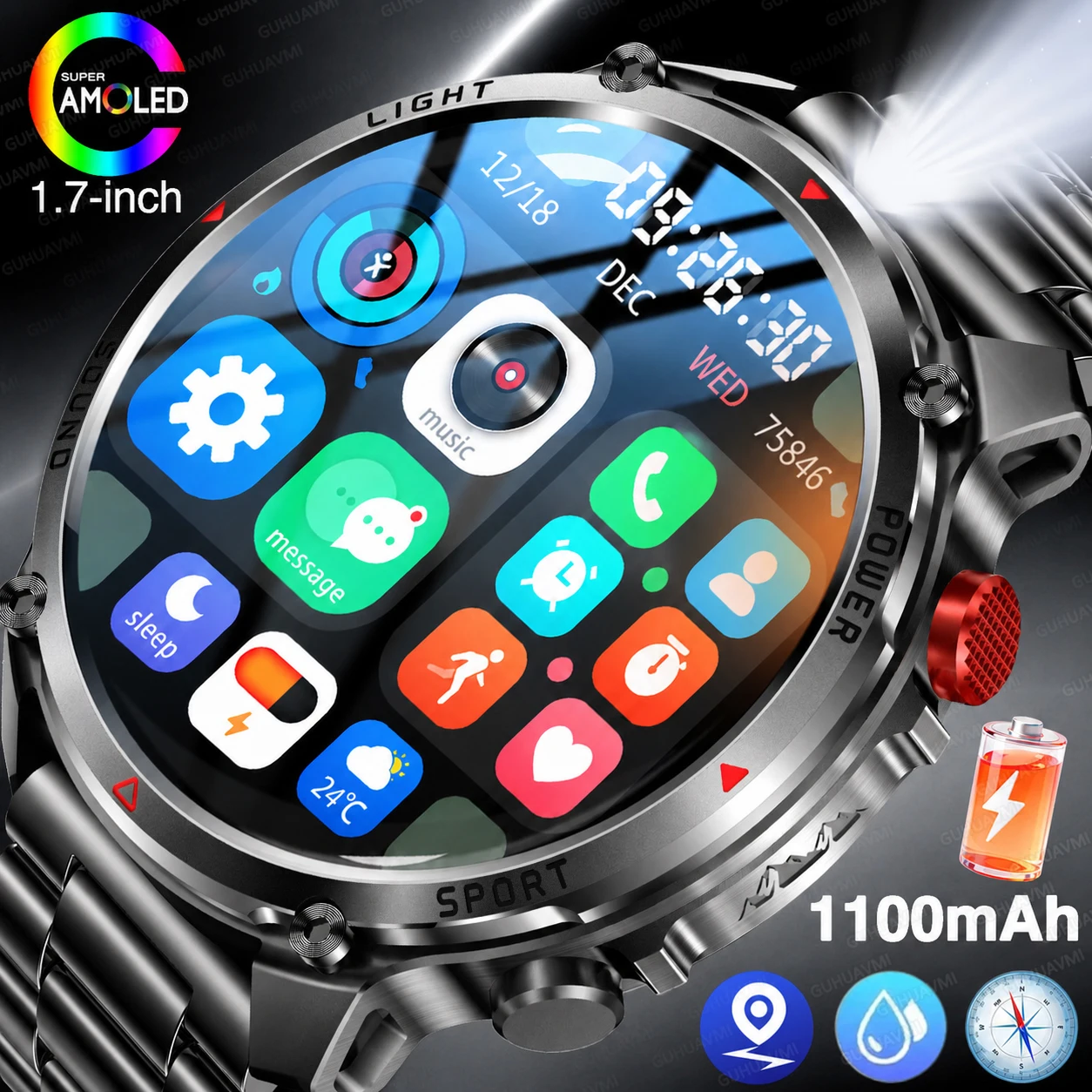 New 1100mAh Big Battery Smart Watch Men Outdoor GPS Flashlight Compass IP68 Waterproof HD Call 1.7inch AMOLED Sports Smartwatch