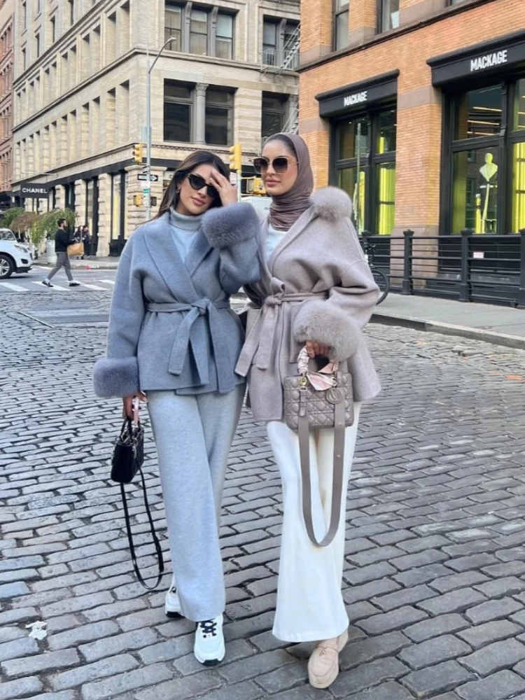 Elegant Woolen Jacket Spring Wool Blend Coat Lace-up Strap Autumn Long Sleeves Loose Splicing Wool Coat Furry Real Fur Jacket