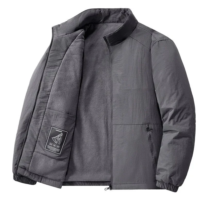 

Men Autumn Winter New Style Fleece Lined Stand Collar Zipper Pocket Jacket Fashion Warm Casual Versatile Top