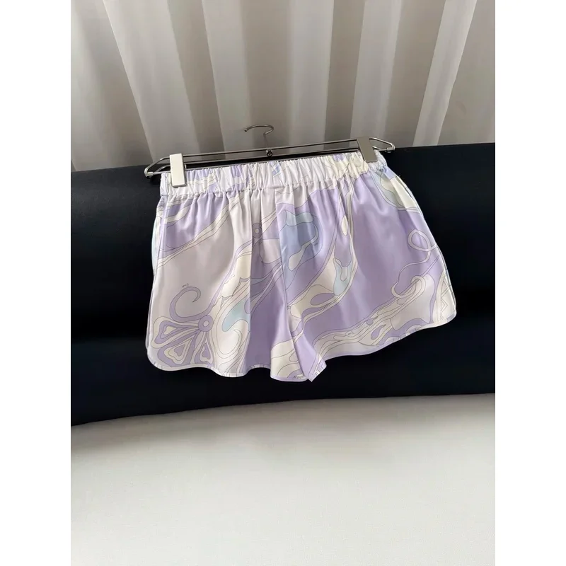 2026 Women Geometric Pattern Printed Elastic Waist Silk Shorts