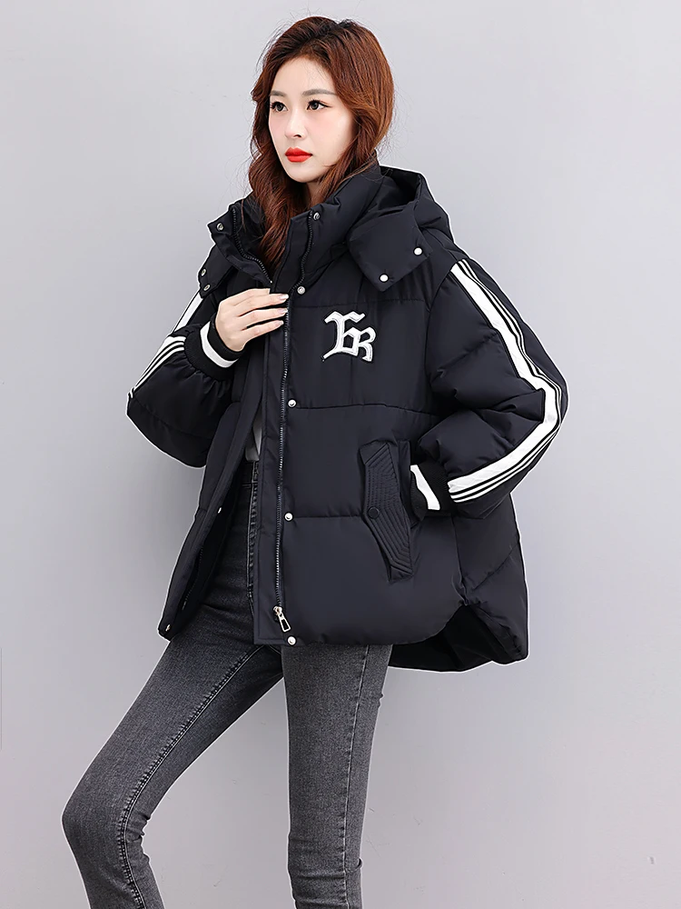 

Женская утепленная хлопковая куртка 2025 года, новая модель в американском стиле с полосками, большие размеры, для невысоких, хлопковое пальто, верхняя одежда