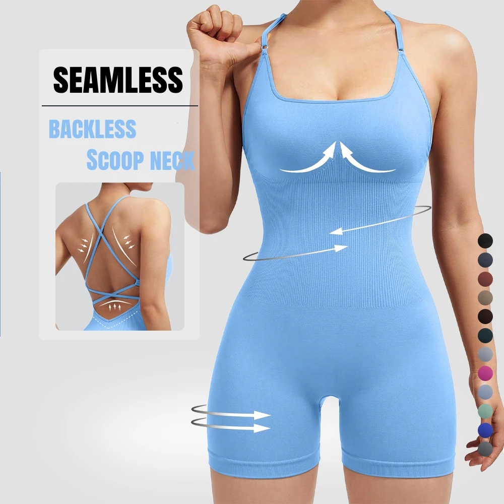 Sexy Fitness Jumpsuit Women Cross Adjustable Sports Playsuit Running One Piece Yoga Suit Scrunch Shorts Backless Set Romper