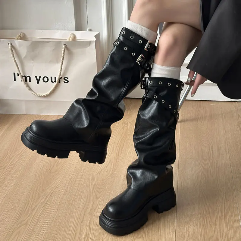 2026 New Black Vintage British Knee High Riding Boots for Women Chunky Sole Slimming Tall Boots Fashion Long Boots Ideal Stylish