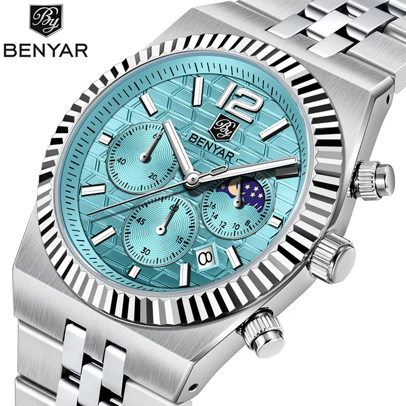 BENYAR BY-5225M 40MM New Original Design Honeycomb Pattern Dial Luxury Men Watch Stainless Steel Chronograph Quartz Watch