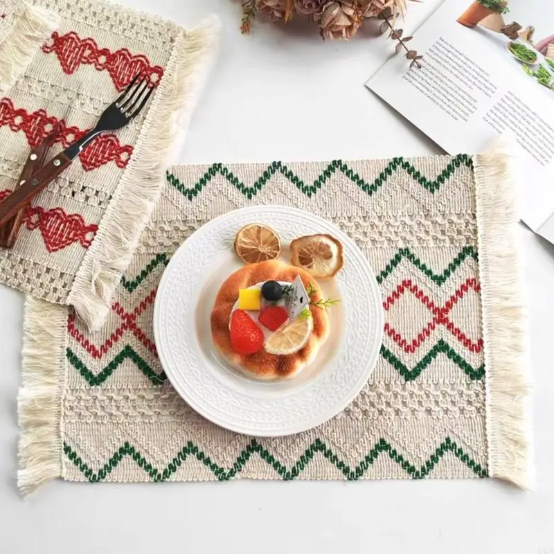 Striped Tassels Placemat Set In Cotton Linen For Dining Table Decoration And Home Styling Y5GB
