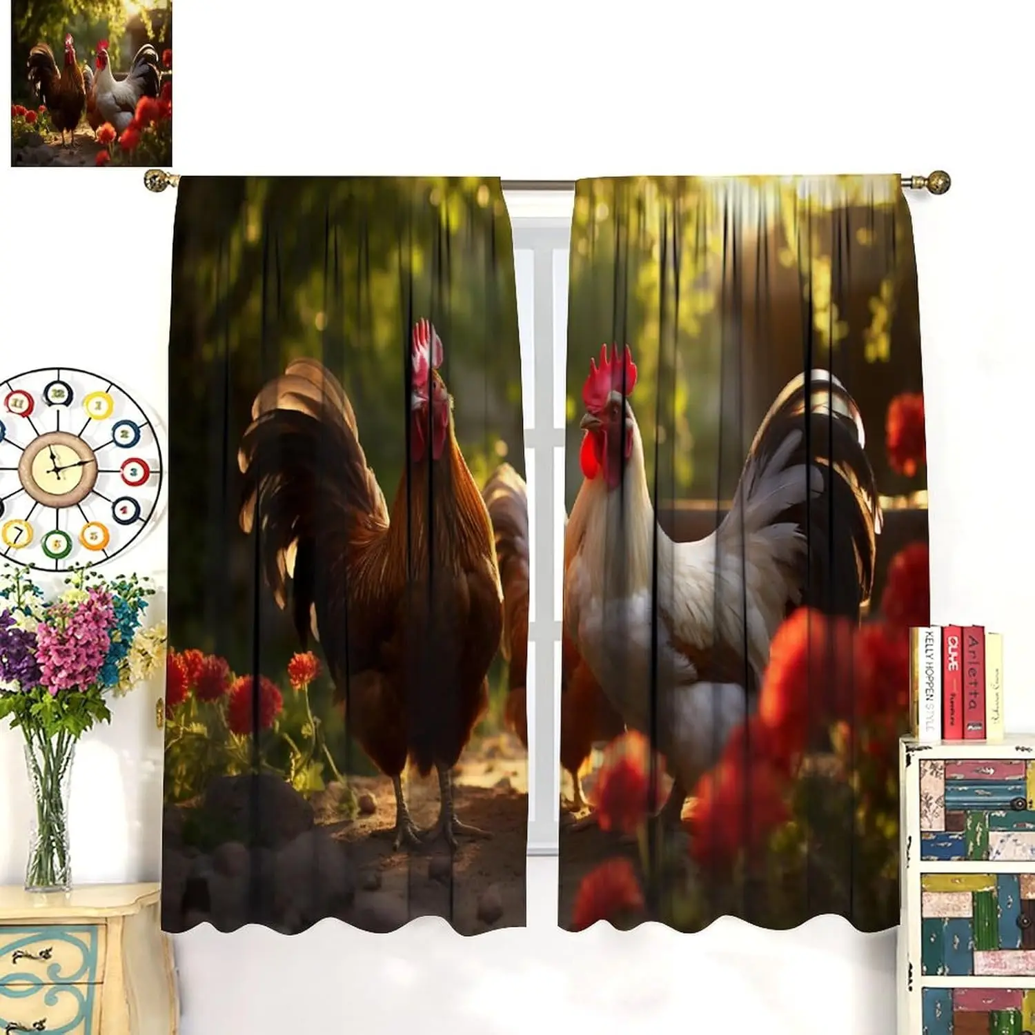 Rural Countryside Rooster Curtains Sunset Garden Pretty Big Rooster Window Drapes for Kids Boys Girls Room Bedroom Living Room