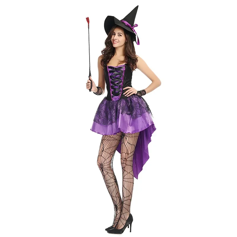 Halloween Adult Sexy Women Purple Swallow Tail Braces Witch Costume Carnival Party Witch Queen Fantasia Cosplay Dress UY9366