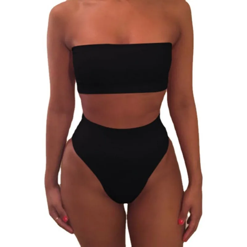 2Pcs/Set Women Sexy Strapless Elastic High Waist Swimsuit Female Solid Bikinis Set Swimwear Beachwear Bathing Suit