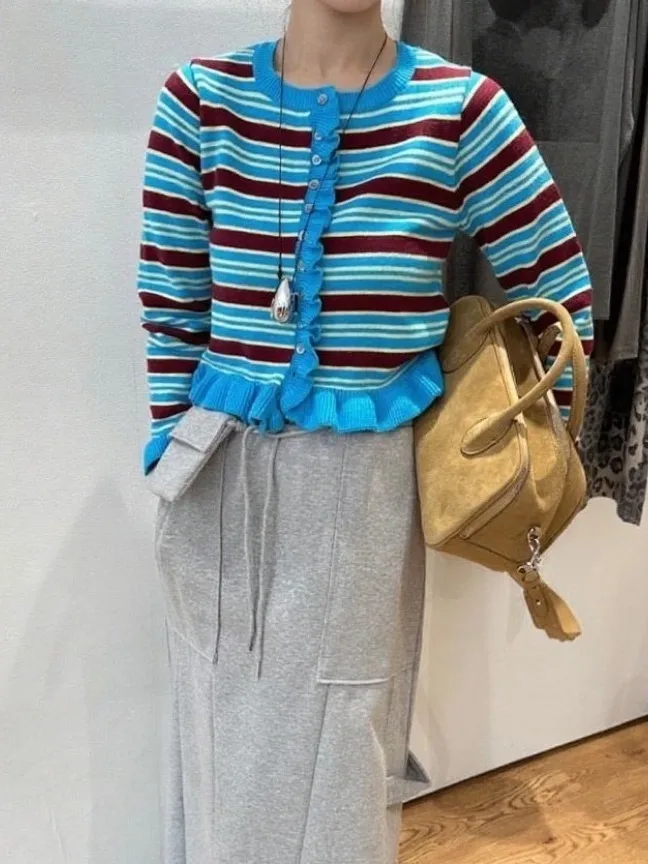 

Korean Sle Retro Striped Long Sve Knitted Open Cardigan Women's ort Single Buttoned Top for Autumn New Arrival Petite ...