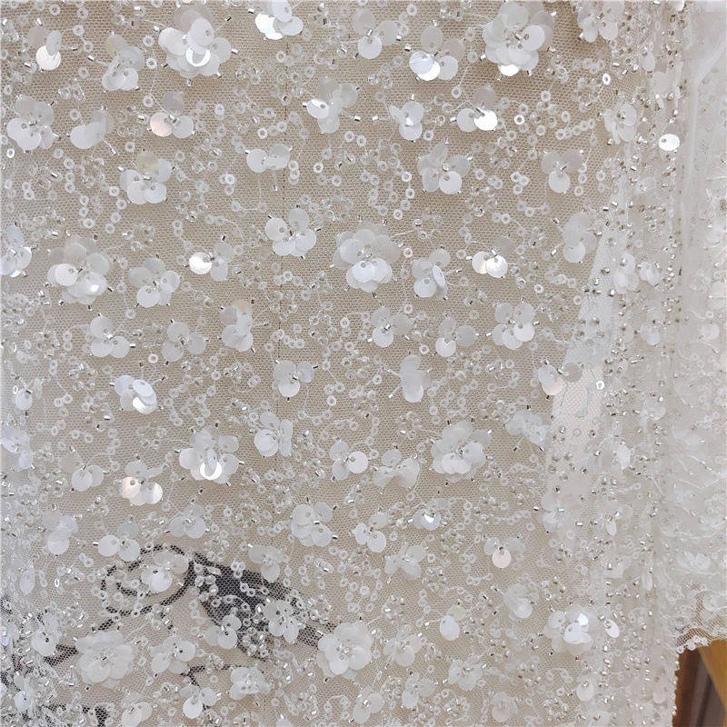 New Heavy Industry Flower Beaded Sequins Fabric Wedding Dress Curtain Clothing Lace Fabric Embroidery Lace Fresh Veil