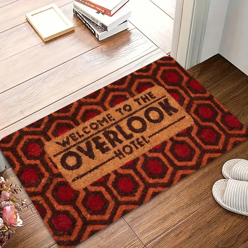 Vintage Hotel Themed Doormat - Flannel Thick Material Red Orange Hexagon with Bold Black Welcome Text Indoor Outdoor Decor