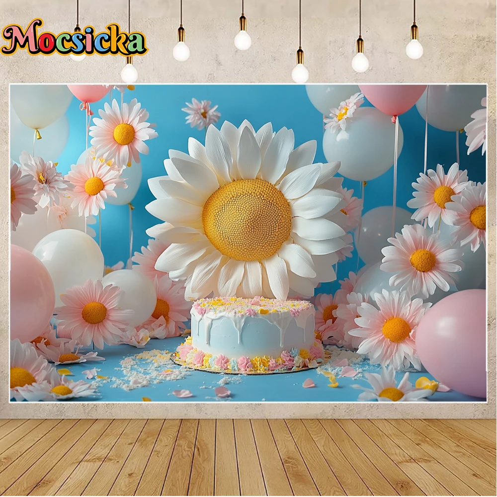 Mocsicka بالون التصوير خلفية أبيض أصفر الإقحوانات الأزرق خمر كعكة سحق الجمالية الأزهار موضوع استوديو ديكور الحفلات