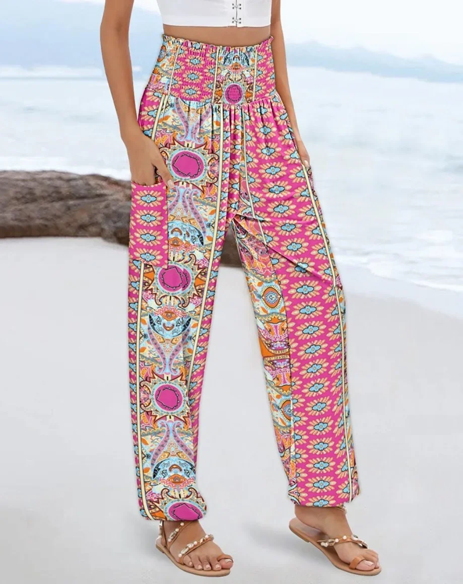 Damen Boho Bedruckte Haremshose mit Hoher Taille, Elastischem Bund, Seitentaschen, Lockere Hose für Strandurlaub und Freizeit – Detail 14