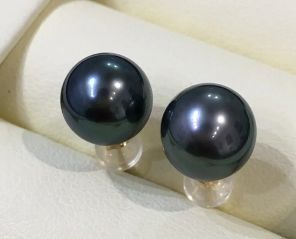 

Пара 12 мм настоящих черных идеальных круглых серег-гвоздиков с жемчугом Южного моря 963AAA