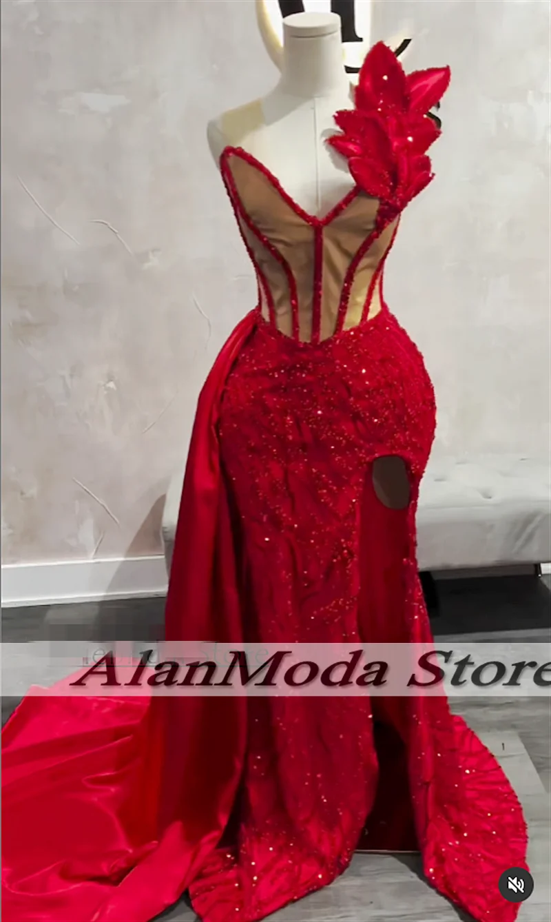 Stunning Red Prom Dresses 2025 Sequin Mermaid Wedding Party Dress Vestidos De Gala High Split Evening Gowns Customized