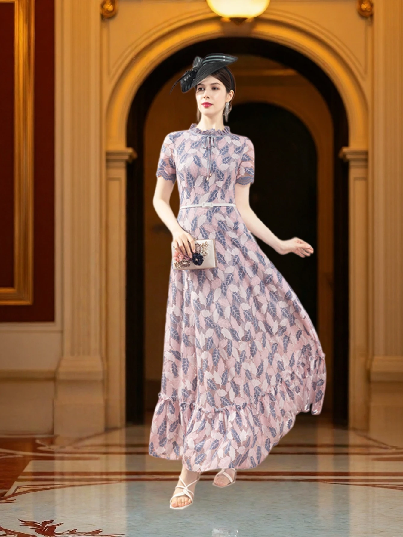 Vintage High-End-O-Ausschnitt Kurzarm Spitze aushöhlen Kleid für Frauen Sommer schlanke elegante lange Kleid weibliche Kleidung