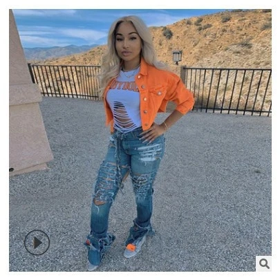   Nuevo Faionable Casual dobladillo deshilachado ort Denim Jaet versátil Jaet Top Mujer Faion Commute Sle Otros materiales