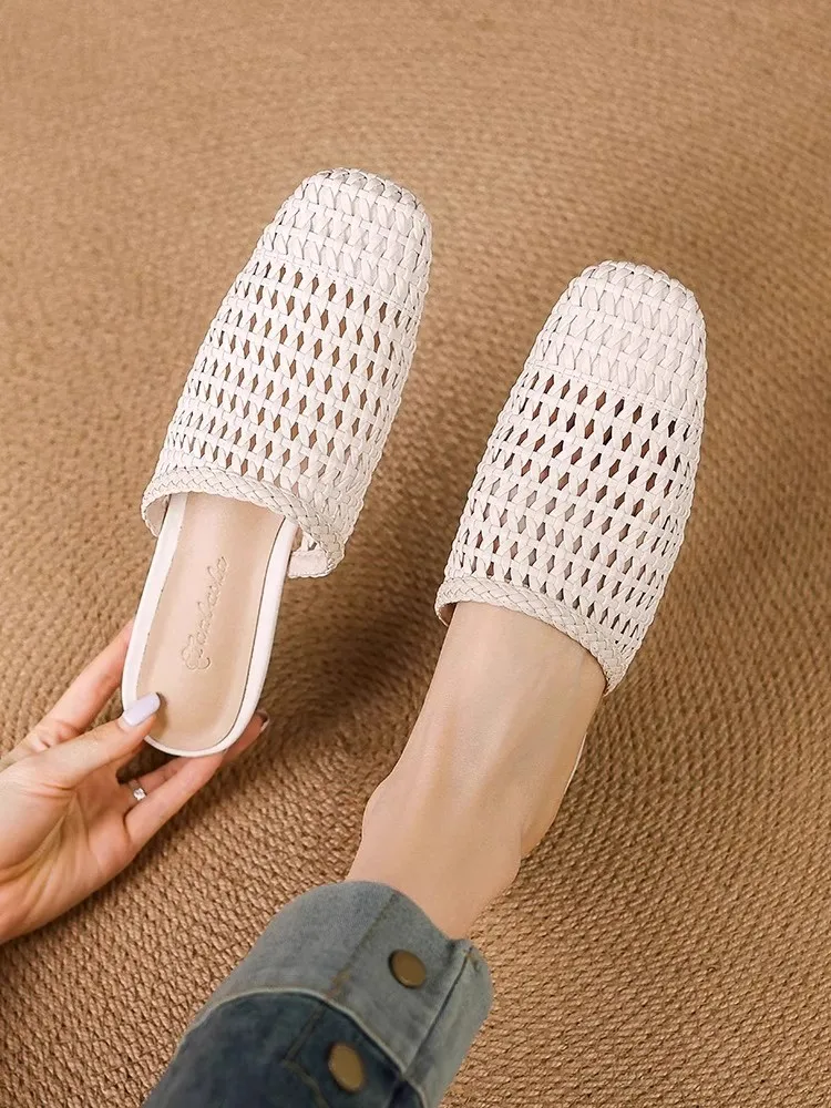 

Тканые женские тапочки с открытым носком в стиле ретро, дышащие летние уличные сандалии на плоской подошве с квадратной головкой, носимые сандалии без шнуровки