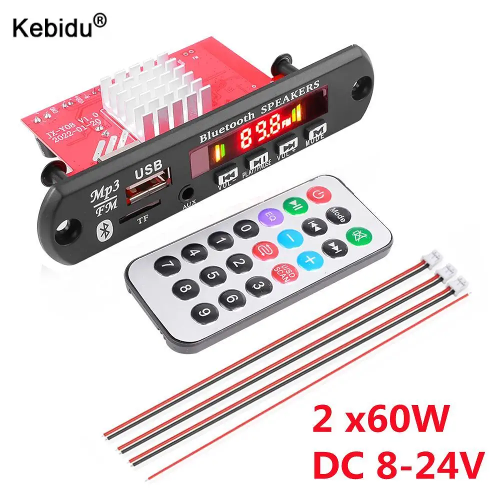 블루투스 5.0 앰프 DIY MP3 WAV 디코더 보드, DC 12V 무선 자동차 USB MP3 플레이어, TF 카드 슬롯, USB FM, 마이크 포함, 60W, 50W, 40W