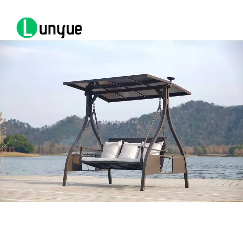 Stylish 3 Seat Metal Outdoor Swing Bed Frame Durable Terrace Furniture Large Pergola Mat for Home Garden Leisure