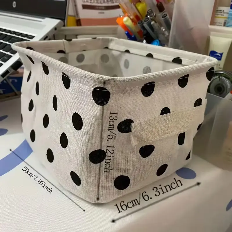 White and Pink Color Open-Top Storage Box with Handle - Cute Black and White Polka Dot Storage Box, Durable Fabric Desktop Storage Box, Suitable for Home, School, Office - Suitable for Room, Dressing Table - Stylish Small Item Storage Container, Storage Rack Basket