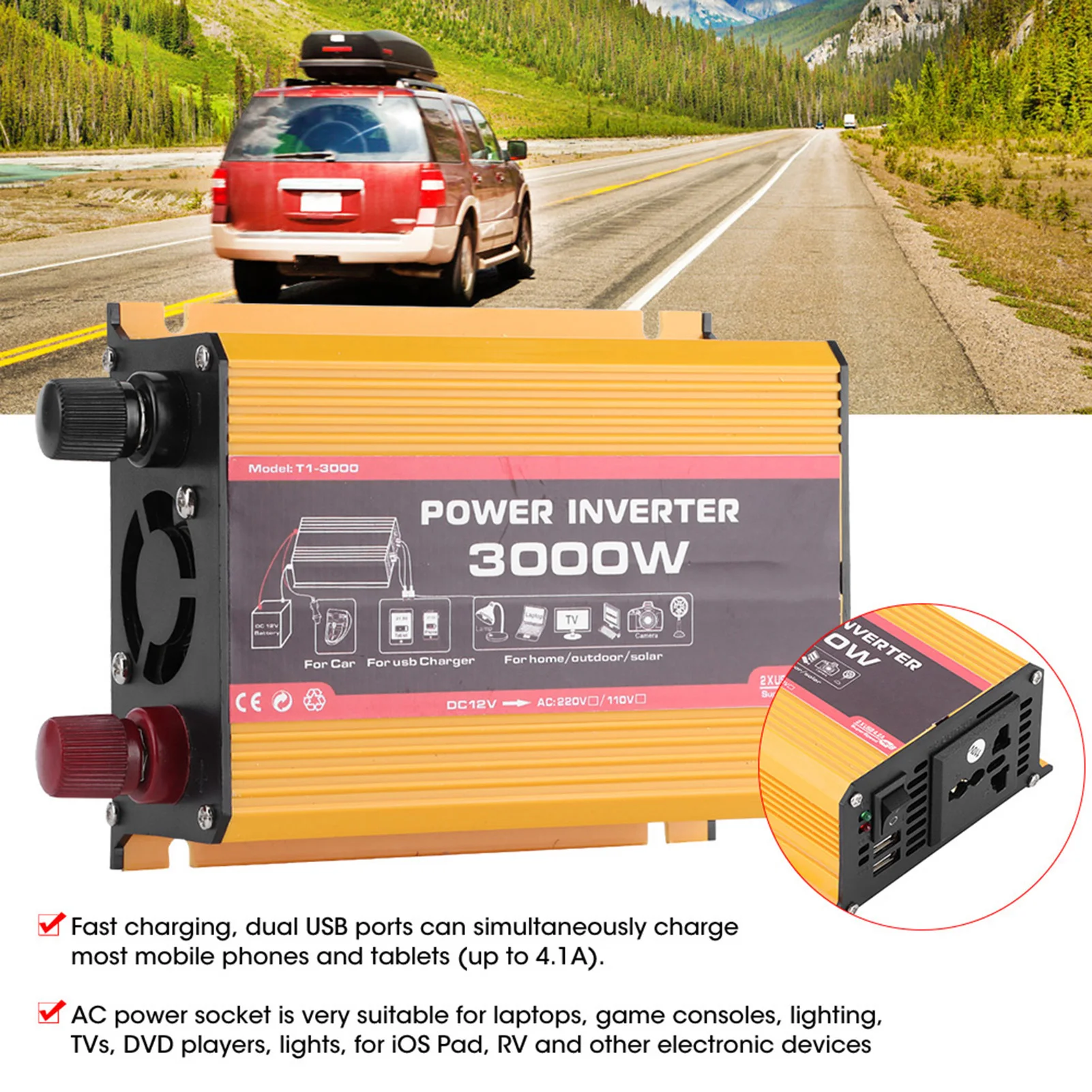 Car Inverter 3000W Dual USB Auto Power Converter Modified Sine   Car Power Converter Car Power