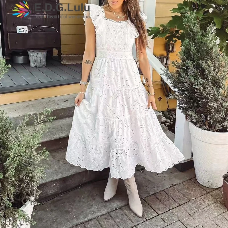 EDGLuLu Bohemia Square Collar Flying Sleeve Casual Women's Dresses Beach Vacation Hollow Embroidery Lace White Long Dresses 1223