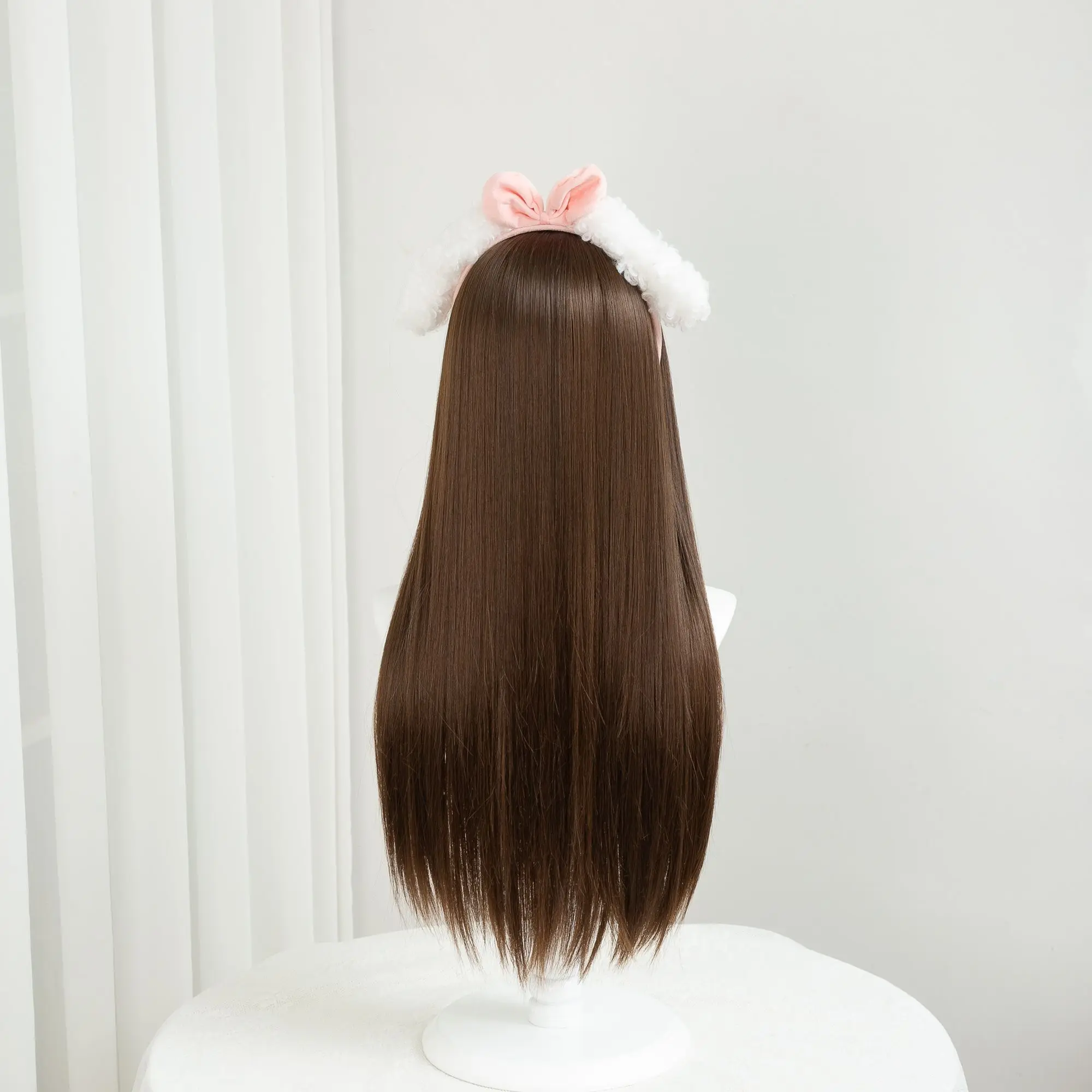 ‌ วิกผมโลลิต้าพร้อมตาข่ายกุหลาบ - ผมยาวหวานแหววมีหน้าม้า วิกผมสังเคราะห์คุณภาพสูง วิกผมคอสเพลย์น่ารักสำหรับสาวๆ