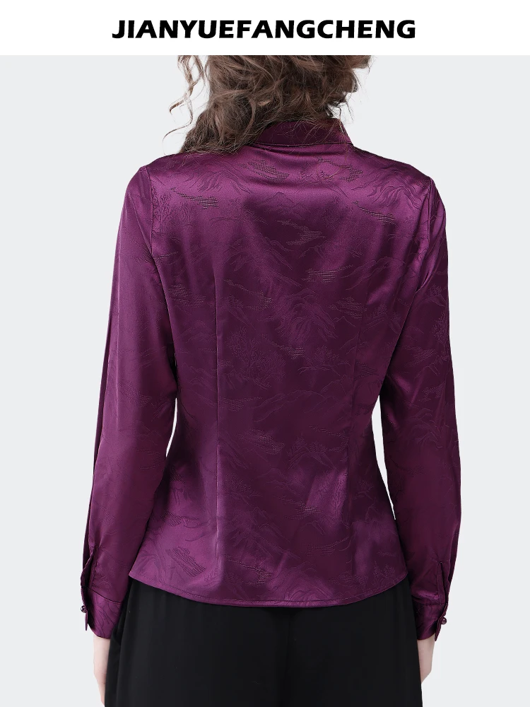 Vintage Chinese Style Women Purple Satin Jacquard Blouse Elegant Slim Long Sleeve Turtleneck Tops Chic Button-down Shirts