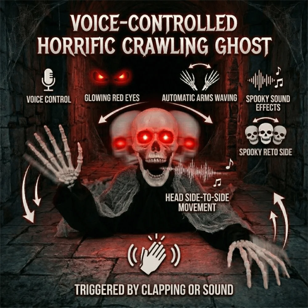 Voice Control Halloween Crawling Ghost Glowing Red Eye Automatic Waving of Both Hands Yard Bloody Zombie Head Swing Realistic