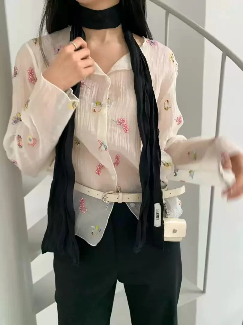 

Spring Summer 2026 Korean Style Floral Embroidery Long Sleeve Shirt Office Lady Button Blouse Female(JJ10129