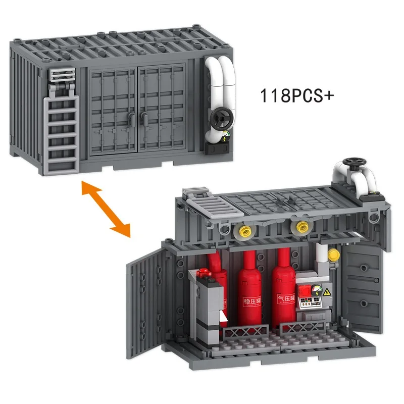 Contenedor militar del ejército MOC, armas y equipos de campamento, almacén militar, dormitorio, bomba de fuego, habitación, juguetes de bloques de construcción